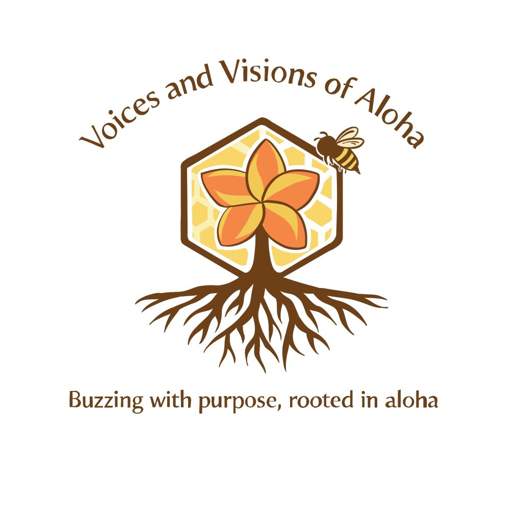 Voices and Visions of Aloha event logo — plumeria and bee on honeycomb hexagon
